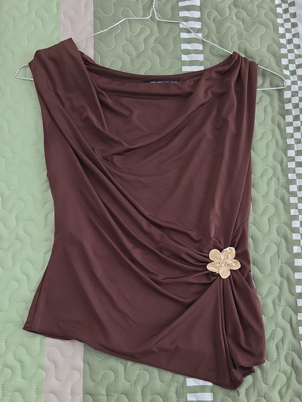 See You Monday Brown Draped Top with Gold Flower Accent